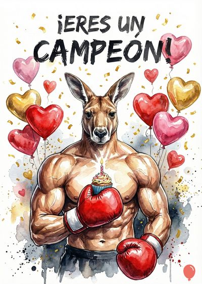 Un canguro antropomórfico musculoso con guantes de boxeo rojos sostiene un cupcake con una vela. Globos con forma de corazón rojos, rosas y dorados flotan. Confeti dorado y la frase «¡ERES UN CAMPEÓN!» adornan la obra de arte. Estilo acuarela.