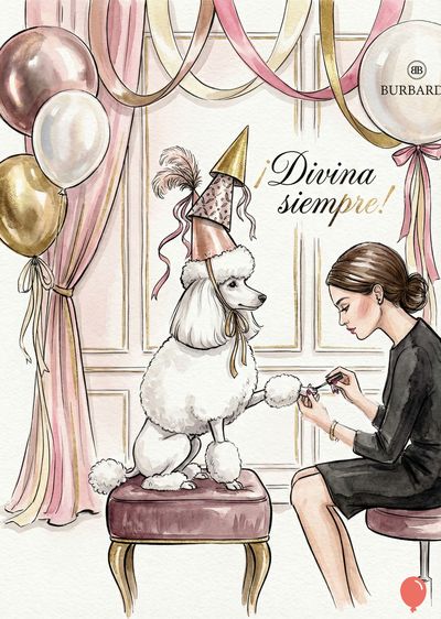 Una mujer pinta las uñas de un caniche blanco sentado en un taburete. El perro lleva un gorro de fiesta. Globos, cortinas rosas y cintas decoran la escena. El globo tiene la marca «BURBARD» y letras en una tipografía elegante: «¡Divina siempre!».