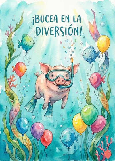 Cerdo rosado buceando con máscara y aletas rodeado de burbujas, algas marinas y peces-globo con globos coloridos. Encima, el lema «¡BUCEA EN LA DIVERSIÓN!» en acuarela. Predominan los tonos turquesa y azul. Estilo acuarelado.