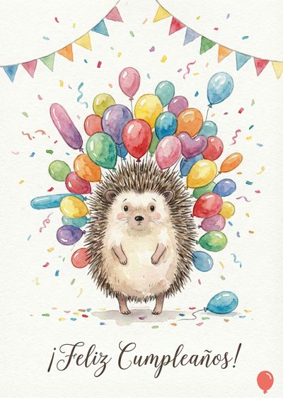 Un erizo de acuarela sostiene globos multicolores. Encima, guirnalda de banderines. Confeti disperso. Abajo, la frase «¡Feliz Cumpleaños!» escrita en cursiva. Estilo de acuarela, colores pastel.