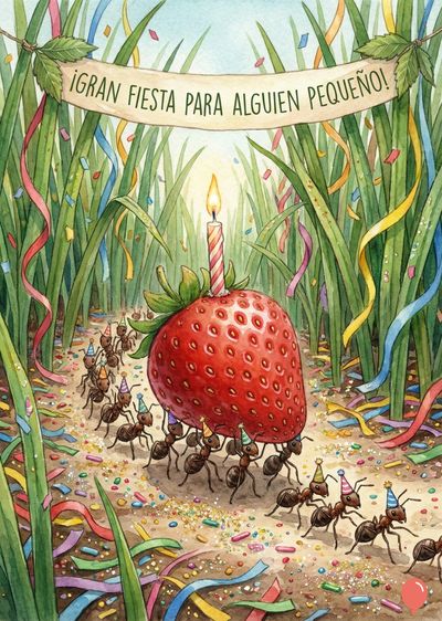 Una fresa roja gigante con una vela encendida es transportada por hormigas con gorros de fiesta. El ambiente festivo incluye serpentinas, césped alto y un letrero con la frase «¡GRAN FIESTA PARA ALGUIEN PEQUEÑO!». Estilo acuarela.