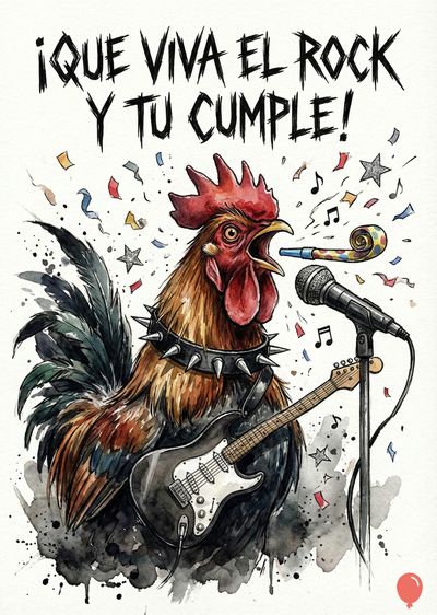 Un gallo con cresta roja, ataviado con collar de púas, toca guitarra y micrófono. Lleva un silbato en la boca, rodeado de confeti y notas musicales. Arriba, la frase «¡QUE VIVA EL ROCK Y TU CUMPLE!» en letras negras. Estilo acuarela.