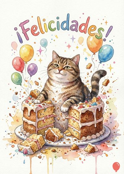 Un felino atigrado emerge de un pastel de cumpleaños. Encima, globos multicolores y la frase «¡Felicidades!» en acuarela. El estilo es caricaturesco y festivo, con salpicaduras de pintura.