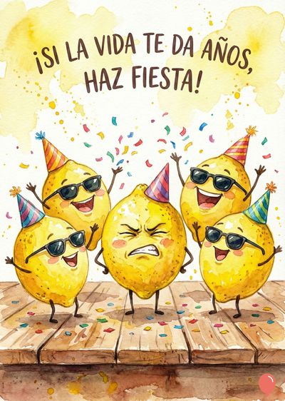 Cinco limones antropomorfos celebran. Uno frunce el ceño, los demás usan gafas de sol y gorros de fiesta. Confeti multicolor.  Texto superior: «¡SI LA VIDA TE DA AÑOS, HAZ FIESTA!». Estilo acuarela.