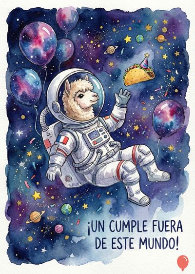 Un alpaca con casco de astronauta flota en un espacio acuarelado, rodeado de globos y elementos celestes. Un taco con gorro de fiesta flota cerca. Debajo, la frase «¡UN CUMPLE FUERA DE ESTE MUNDO!».