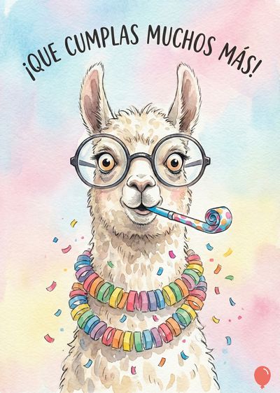 Retrato de llama con anteojos y gorro de fiesta, con collar de confeti y serpentinas. En la parte superior, frase «¡QUE CUMPLAS MUCHOS MÁS!».  Acuarela en tonos pastel, con detalles en negro, blanco y colores del arcoíris.