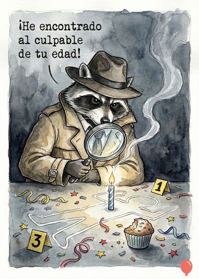 Un mapache detective con gabardina y sombrero usa lupa. Sobre una mesa con contorno de cuerpo, una vela, confeti y un cupcake mordido. Carteles con números. Nube de humo. «¡He encontrado al culpable de tu edad!». Estilo acuarela.