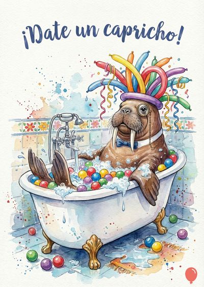 Un morsa en una bañera con espuma y bolas de colores. Lleva un monóculo, pajarita y sombrero con globos. Sobre él, la frase «¡Date un capricho!». Estilo acuarela, colores vivos y salpicaduras.