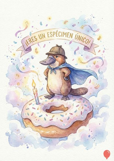 Un ornitorrinco con sombrero y capa, sobre una dona con chispas y una vela encendida, rodeado de confeti. Un letrero con la frase «¡ERES UN ESPÉCIMEN ÚNICO!» decora la parte superior. Estilo acuarela, colores pastel.
