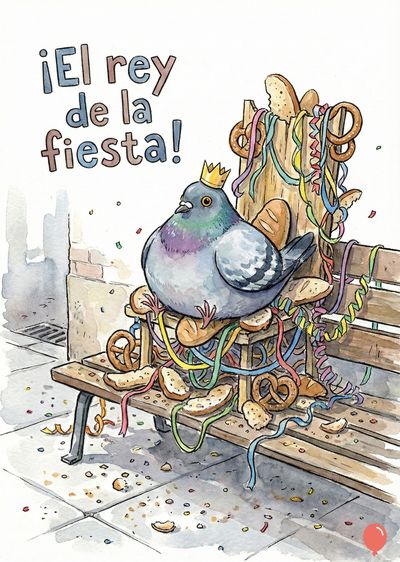 Un ave paloma con corona se sienta en un banco. A su alrededor, hay pan, lazos de colores y confeti. El rótulo dice: « ¡El rey de la fiesta! ».  Estilo acuarela, colores claros.