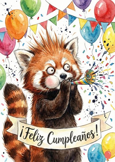 Un oso panda rojo soplando una cornetilla, rodeado de globos y confeti. Lleva una cinta con la frase «¡Feliz Cumpleaños!». Estilo acuarela, colores vivos.