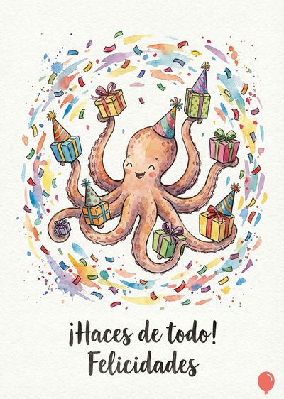 Un pulpo sonriente con gorro de fiesta y regalos, rodeado de confeti multicolores, sobre un fondo blanco. Debajo, la frase «¡Haces de todo! Felicidades» en letra manuscrita. Estilo acuarela.