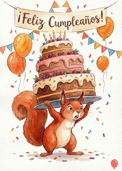 Ardilla anaranjada sosteniendo pastel de tres pisos, con velas encendidas. Sobre ella, un cartel con la leyenda «¡Feliz Cumpleaños!». Globos naranjas y guirnaldas decoran la escena junto a confeti de colores. Estilo acuarela.