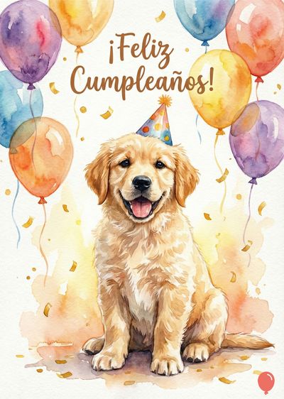 Un cachorro Golden Retriever con gorro de fiesta sonríe en acuarela, junto a globos coloridos.  Confeti dorado salpica la escena. Encima, «¡Feliz Cumpleaños!» escrito en marrón.