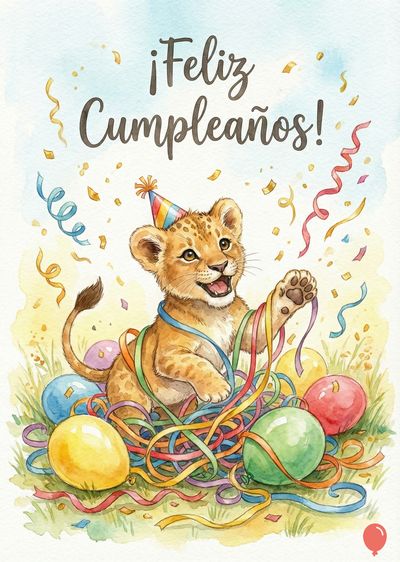 Un cachorro de león con gorro de fiesta, rodeado de confeti, globos y serpentinas. Título «¡Feliz Cumpleaños!» sobre un cielo celeste. Estilo acuarela, colores brillantes.