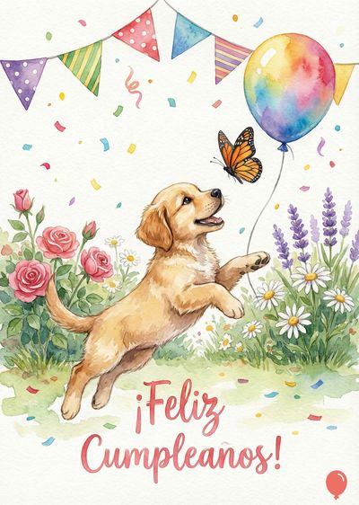Un cachorro dorado saltando hacia una mariposa. Un globo arcoíris atado con una cuerda, banderas de colores festivas y flores adornan el área. Flores rosas, lavanda y margaritas bordean el área. Confeti y la frase «¡Feliz Cumpleaños!» complementan la escena.