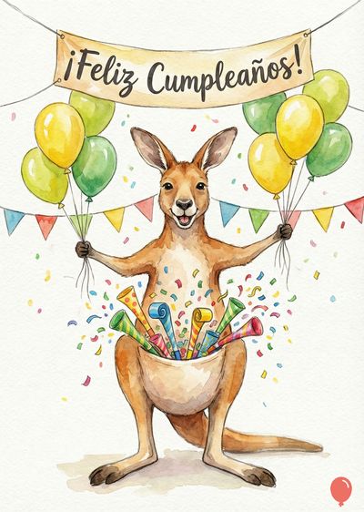 Un canguro de acuarela sostiene globos amarillos y verdes. Lleva serpentinas y matasuegras. Sobre él, una pancarta reza ««¡Feliz Cumpleaños!»» con banderines.