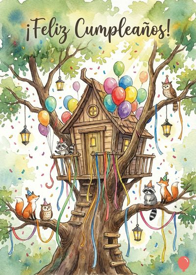 Tarjeta de cumpleaños, acuarela. Un árbol con casa en la copa, globos, confeti y animales festivos: zorros, mapaches y un búho. Cintas de colores cuelgan. Letras: «¡Feliz Cumpleaños!».