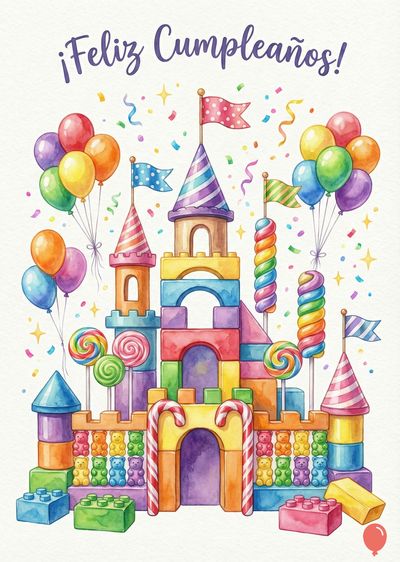 Tarjeta «¡Feliz Cumpleaños!» con castillo de bloques coloridos y globos.  El castillo tiene torres, banderas, caramelos y ositos de goma.  Estilo acuarela con confeti.