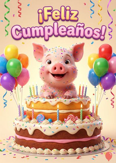 Un cerdo rosado sonriente sobre una torta de cumpleaños de dos niveles con velas encendidas. Balones de colores a los lados. Encima, la frase «¡Feliz Cumpleaños!» con contorno rosa. Confeti y cintas.