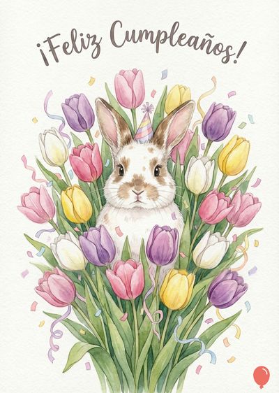 Un conejo blanco con manchas marrones y un gorro de fiesta, rodeado de tulipanes de colores: rosa, amarillo, lila y blanco.  Confeti y serpentinas. Encima, «¡Feliz Cumpleaños!». Estilo acuarela.