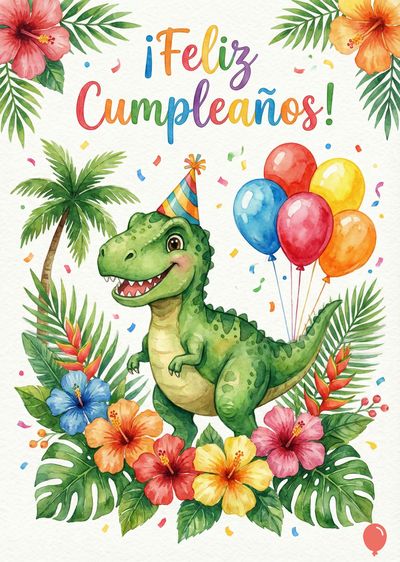 Dinosaurio verde con gorro de fiesta, rodeado de flores tropicales y hojas. Sobre él, globos de colores y confeti. Arriba, en arcoíris, el mensaje «¡Feliz Cumpleaños!». Estilo acuarela.