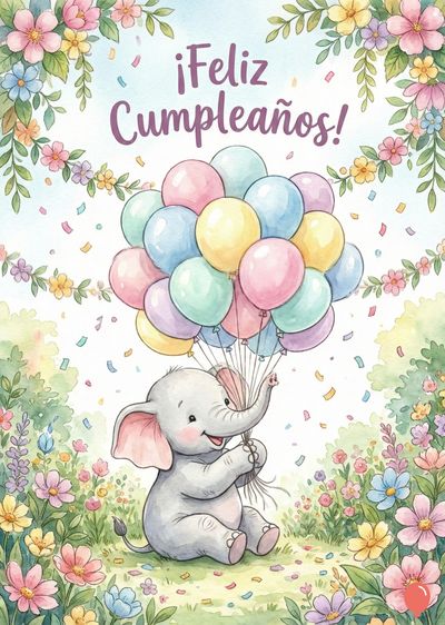 Un elefante bebe gris sostiene globos multicolores. Encima, la frase « ¡Feliz Cumpleaños! » en morado. Rosas y follaje en el contorno. Confeti esparcido, estilo acuarela, colores pastel.