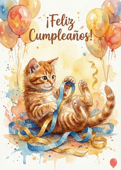 Un gato anaranjado acostado juega con cintas azules y doradas. Arriba, globos ocres. Encima, la leyenda «¡Feliz Cumpleaños!» en marrón. Estilo acuarela, con salpicaduras de colores.