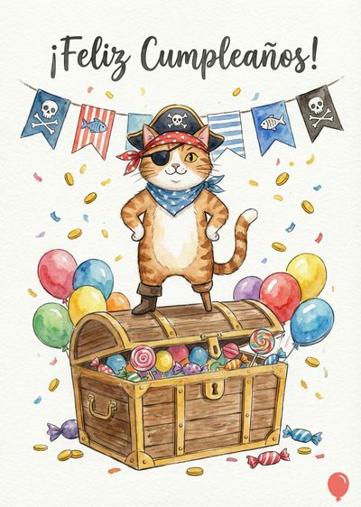 Felicitación con gato pirata. Gato atigrado con parche, sombrero y pañuelo. Sobre un cofre repleto de golosinas, globos y confeti. Estandartes: calavera, pez, rayas y el mensaje «¡Feliz Cumpleaños!». Estilo acuarela.