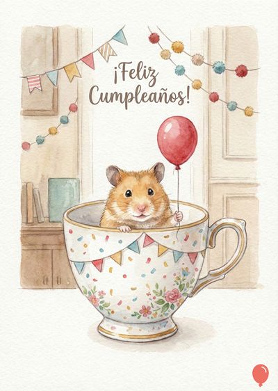 Un hámster en taza decorada, sostiene un globo rojo. Encima, guirnaldas y banderines. La taza con flores y confeti, con la inscripción «¡Feliz Cumpleaños!». Estilo acuarela, colores claros.