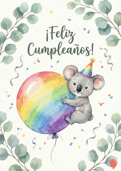 Un koala gris con gorro multicolor abraza un globo arcoíris. Sobre un área blanca con eucaliptos y confeti, se lee «¡Feliz Cumpleaños!» en fuente caligráfica verde.