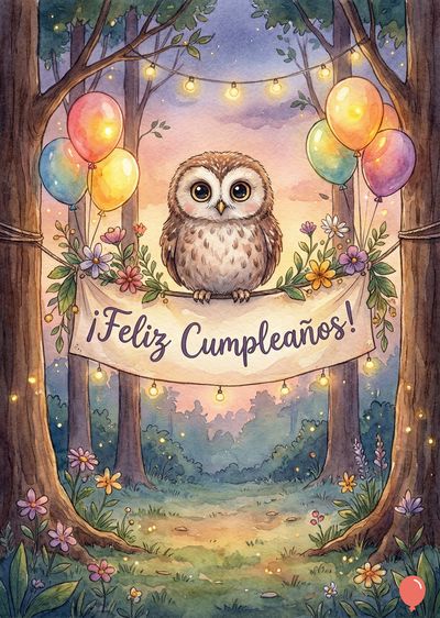 Un búho marrón posado sobre una rama con flores, sostiene una pancarta con la frase «¡Feliz Cumpleaños!». A ambos lados, globos y luces decoran un entorno forestal acuarelado, con tonos pastel.