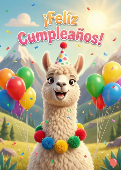Una llama sonriente con un sombrero de fiesta y un collar de bolas de colores, rodeada de globos. Encima, la frase «¡Feliz Cumpleaños!» con letras rosas y anaranjadas. En el cielo, montañas y confeti.