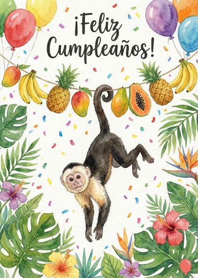 Tarjeta de cumpleaños con un mono colgando de una guirnalda de frutas. Globos, confeti y follaje acuarelados. El mensaje central dice «¡Feliz Cumpleaños!».