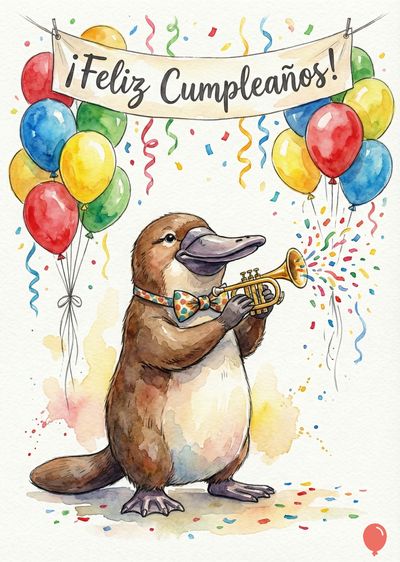 Un ornitorrinco antropomórfico toca una trompeta dorada. Lleva un lazo de lunares. Globos multicolores y serpentinas con un cartel que dice «¡Feliz Cumpleaños!». Confeti en el suelo. Estilo acuarela.