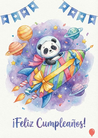 Acuarela de un panda en un cohete de colores. El cohete está decorado con lazos. Flotan planetas y globos. Estrellas y confeti acompañan la escena. Encima, guirnalda azul. Abajo, escrito: «¡Feliz Cumpleaños!».