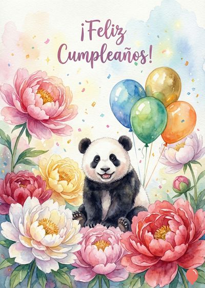 Un panda sonriente entre flores coloridas y globos de colores. Encima, la leyenda «¡Feliz Cumpleaños!» escrita en cursiva. Estilo de acuarela, colores pastel y festivo, con confeti disperso.