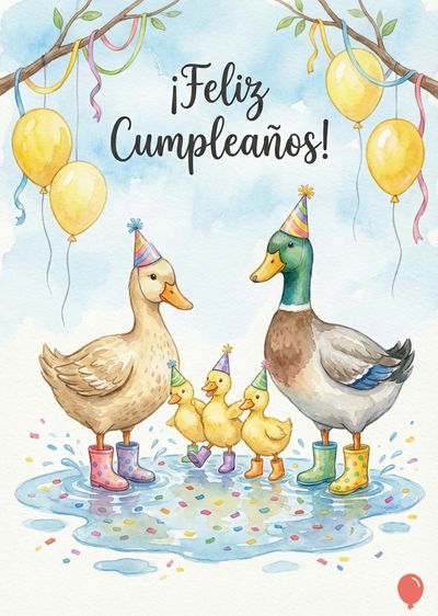 Acuarela con dos patos adultos y tres patitos amarillos celebrando. Ambos patos mayores usan botas de agua y gorros de fiesta. Encima, globos amarillos y ramas con cintas.  «¡Feliz Cumpleaños!»