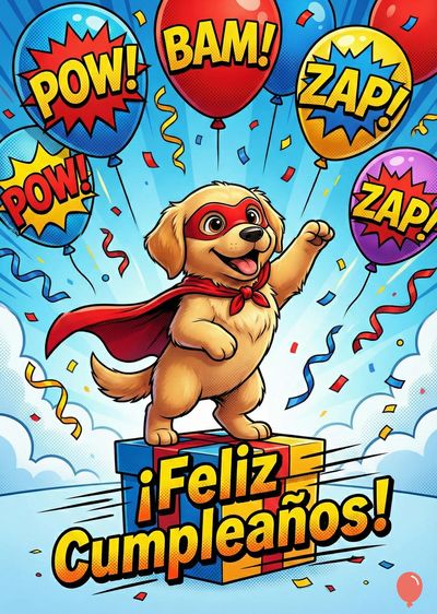Perro amarillo con antifaz y capa rojos, posa sobre caja de regalo azul. Globos con «POW!», «ZAP!», «BAM!». Confeti y serpentinas. En la caja, escrito «¡Feliz Cumpleaños!». Estilo cómic.