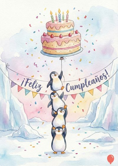 Un pastel de dos pisos con velas sobre un globo, sostenido por un pingüino. Otros pingüinos se apilan. Hay una guirnalda con la leyenda «¡Feliz Cumpleaños!». Decoración con confeti y témpanos de hielo. Acuarela.