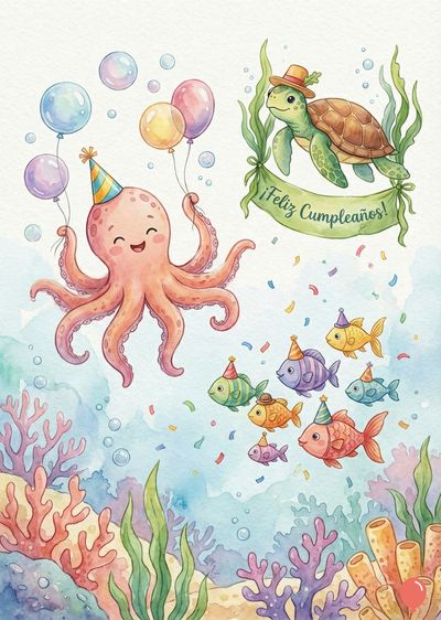 Un pulpo rosado con gorro de fiesta sostiene globos. Una tortuga con sombrero y cartel «¡Feliz Cumpleaños!». Peces coloridos con sombreros flotan bajo el agua, rodeados de burbujas y coral. Estilo acuarela.