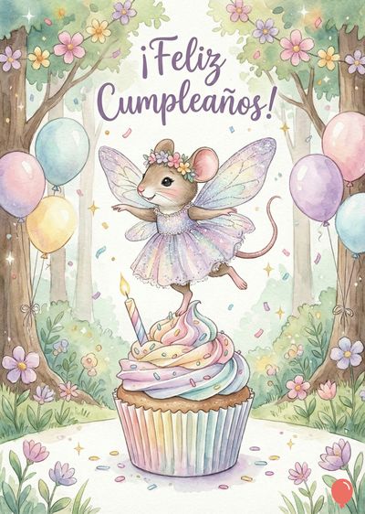 Una criatura con alas y corona de flores, baila sobre un cupcake. Soporta una vela encendida. Globos y árboles acompañan la escena. El conjunto se presenta con acuarelas y la frase «¡Feliz Cumpleaños!».