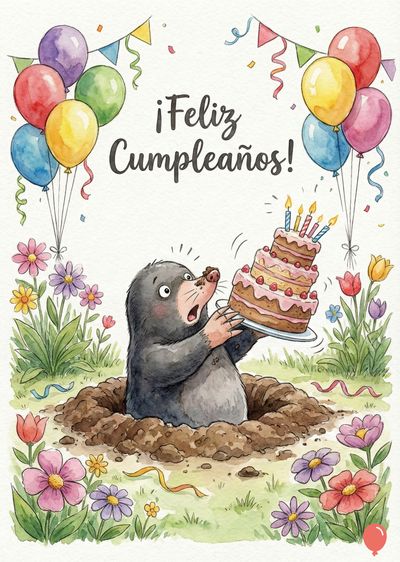 Un topo emerge de un agujero, sosteniendo un pastel de cumpleaños decorado con velas. Globos multicolores, flores y banderines conforman la escena.  El mensaje «¡Feliz Cumpleaños!» destaca en el cielo. Estilo acuarela.