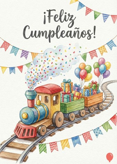 Tren acuarelado con vagones llenos de regalos y globos. Encima, la frase «¡Feliz Cumpleaños!» con banderines festivos. Estilo infantil, colores vivos y líneas suaves.