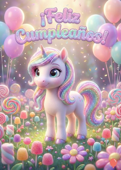 Unicornio blanco de estética 3D con crin y cola arcoíris, cuerno dorado y ojos celestes. Encima, globos y confeti. En el entorno, flores, dulces y piruletas. Encima del unicornio, la frase: «¡Feliz Cumpleaños!».