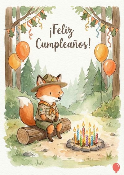 Un zorro de caricatura con uniforme scout sentado en un tronco, frente a una fogata con velas. Globos naranjas, cartel con « ¡Feliz Cumpleaños! » y árboles en acuarela.  Colores cálidos, estilo infantil.