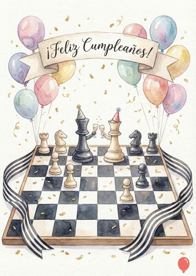 Acuarela de tablero de ajedrez con piezas festivas. Un rey y una reina brindan. Globos multicolores y serpentina con la frase «¡Feliz Cumpleaños!» decoran la escena. Confeti dorado esparcido. Estilo artístico.