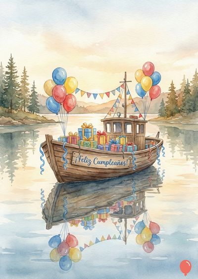 Acuarela de un bote de madera con regalos y globos en el agua. El bote lleva un cartel con la leyenda «¡Feliz Cumpleaños!». Alrededor, hay árboles y banderines. Reflejos en el agua.