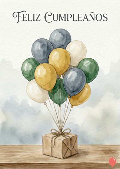 Tarjeta de cumpleaños con globos acuarelados. En la parte superior, «Feliz Cumpleaños». Un conjunto de globos en tonos verde, amarillo, blanco y azul grisáceo, atados a una caja de regalo. Estilo de acuarela sobre una superficie de madera.