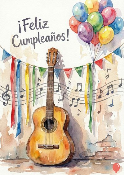 Una guitarra acústica se apoya en una pared. Encima, una banderola con elementos triangulares y cintas de colores. Globos y partituras flotan.  En la esquina superior izquierda, «¡Feliz Cumpleaños!». Estilo acuarela.